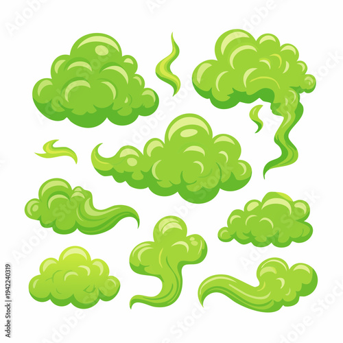 白い背景に隔離された、不快な臭いや有毒なガスを表現した緑色の漫画風の煙や雲のイラストセット。透明感のあるデザインで、化学物質、汚染、魔法の霧、または悪臭を視覚的に強調するためのグラフィック素材として最適です。