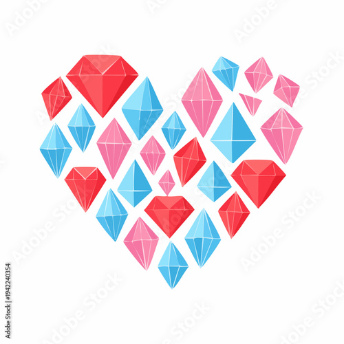 赤や青、ピンク色の透明感のある美しいダイヤモンドや宝石をハートの形に並べた、ロマンチックで華やかなジュエリーのイラスト素材。白背景に映えるキラキラとした輝きが、バレンタインや結婚式、大切な人への贈り物や愛のメッセージにぴったりのデザインです。
