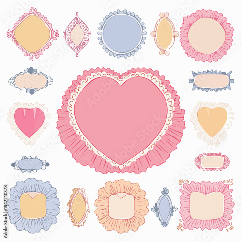 パステルカラーで描かれた手書き風のヴィンテージなフレームとラベルのセットです。ハート型や丸型、レースやフリルがあしらわれたガーリーなデザインが特徴で、透明背景の素材としてメッセージカードや招待状の装飾に幅広く活用できます。