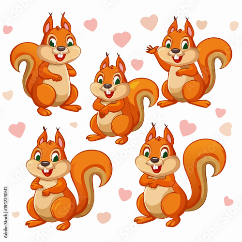 かわいいオレンジ色のリスのキャラクターが5匹セットになったベクターイラスト。笑顔で手を振ったり立ったりする様々なポーズのリスと背景に散りばめられたピンクのハートが特徴の、透明背景で使用しやすいデザイン素材です。