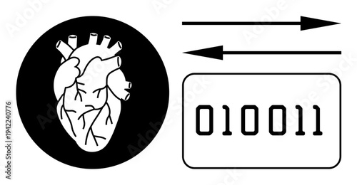 Artificial intelligence, digital health, biotechnology, data science, coding, AI-driven medicine. Anatomical heart next to binary code and arrows. Digital health and biotechnology concept