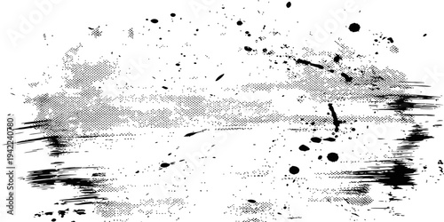 Black and white grunge ink splatter texture with distressed brush strokes and halftone dot pattern abstract background