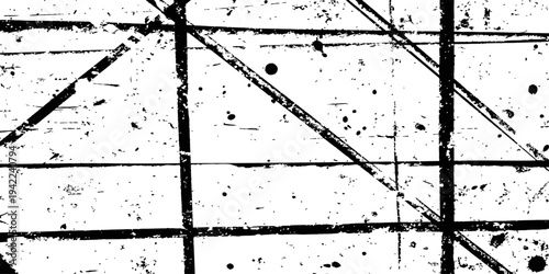 Vector Grunge Texture Overlay Black and White Distressed Background with Scratches Lines and Ink Splatter Abstract Dirty Grid Pattern