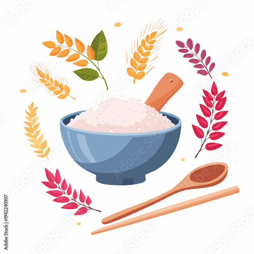 白いお茶碗に盛られた炊きたてのご飯と木製のスプーンにお箸、そして周囲を彩る色鮮やかな稲穂や麦の穂が描かれた、和食と農業の収穫を象徴する透明背景のベクターイラスト素材です。健康的な食生活や日本の食文化を表現するデザインに最適です。