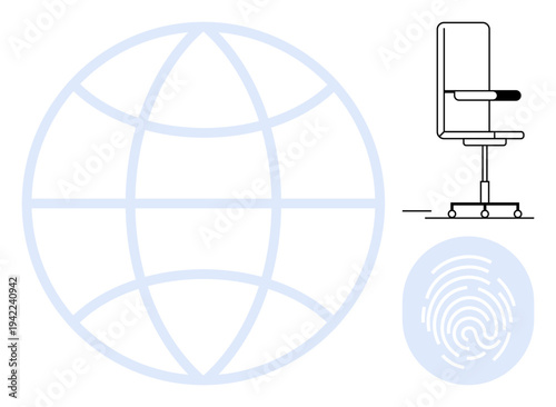 Global connectivity, biometric security, identity verification, workplace ergonomics, cybersecurity, professional environment. Features a globe, fingerprint pattern and office chair. Global
