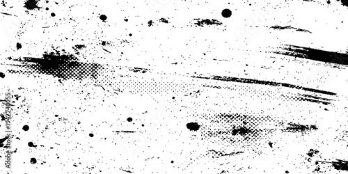 Abstract Grunge Texture Vector Background Distressed Overlay with Paint Splatters, Rough Brush Strokes, and Halftone Dot Pattern