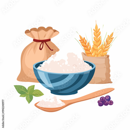 透明な背景に配置された、白い小麦粉が盛られた青いボウルと木製のスプーン、さらに小麦の穂が詰まった麻袋や新鮮なハーブの葉、紫色のベリーがセットになった、健康的で自然なパン作りや料理の素材を表現したフラットなベクターイラスト。
