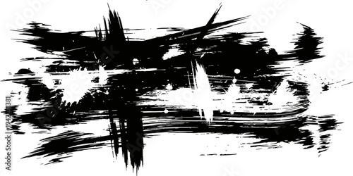 Black Ink Brush Stroke Grunge Texture Vector Background Element with Splatter Detail