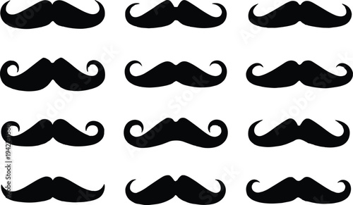 Classic mustache silhouette collection with curled and vintage styles, barber shop moustache vector set isolated for hipster logos, grooming brands, fashion design and retro icons