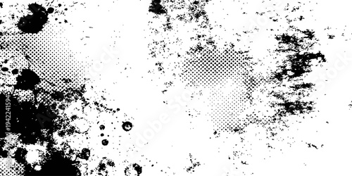 Black and white distressed grunge texture with ink splatter and halftone dots overlay abstract background vector graphic resource