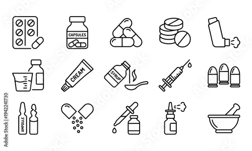 Medical and pharmacy line icon set