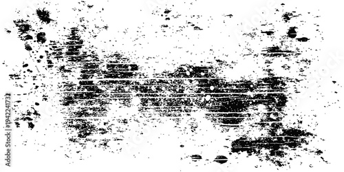 Highly detailed distressed vector overlay texture with ink spots, grain, and scratch effect in black and white