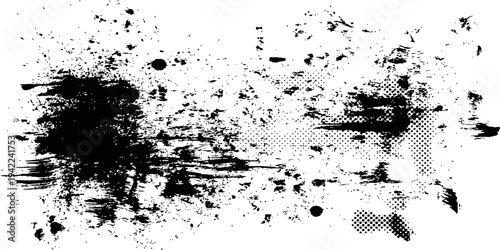 Black Grunge Brush Stroke Splatter Texture with Halftone Dots Abstract Overlay Element Vector