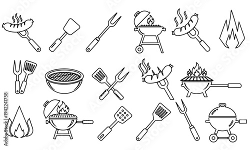 BBQ and grill outline icon set