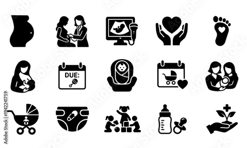 Maternity and baby solid icon set