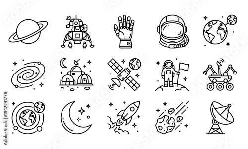 Space exploration and astronomy line icons