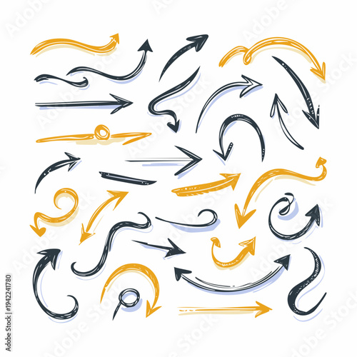 白い背景に配置された、黒とオレンジのインクで描かれた多様な手書き風の矢印アイコンセット。曲線や直線、渦巻き状のポインターなど、プレゼンテーションやグラフィックデザインに役立つ透明感のあるラフなスケッチスタイルのベクターイラスト素材。