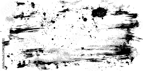 Black and White Grunge Distress Texture Background with Ink Splatters Halftone and Paint Brush Strokes Overlay Element