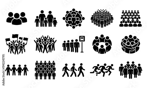 Crowd and people group solid icon set