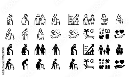 Elderly care and senior lifestyle icons