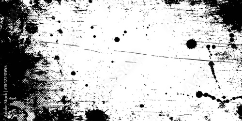 Black and white grunge frame with ink splatters scratches and distressed vintage texture overlay vector background