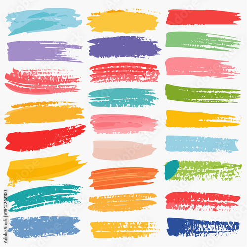 様々な色彩のカラフルな筆跡のセットは、手書き風のテクスチャと透明感のあるデザインが特徴で、ポスターやウェブサイトの装飾、クリエイティブなアートプロジェクトに最適な高品質なグラフィック素材のコレクションです。