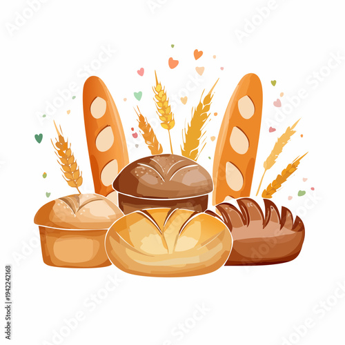 美味しそうな焼きたてのパンのイラストセット。フランスパンやカンパーニュ、小麦の穂、そして可愛らしいハートが散りばめられたデザインで、ベーカリーの広告やメニュー、ウェブサイトの装飾に最適な透明背景のベクター素材です。