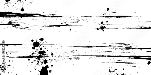 Abstract black and white grunge background texture with distressed horizontal lines and ink splatters vector illustration