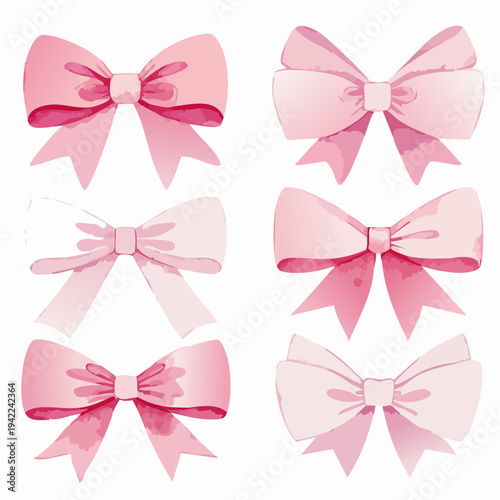 水彩画風の淡いピンク色のリボンが6種類セットになったイラスト素材です。透明感のあるグラデーションと柔らかな質感が特徴で、ギフトラッピングやウェディング、招待状、メッセージカードなどのデザインに最適な、可愛らしくてエレガントな装飾用パーツセットです。