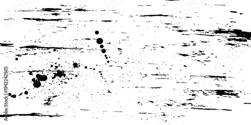 Abstract black and white grunge background texture overlay with distressed horizontal scratch marks and paint splatters