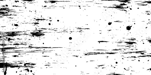 Black and white grunge texture vector with ink splatters and horizontal distressed scratches rustic dirty overlay background abstract pattern