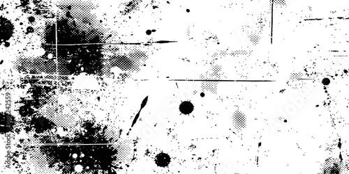 Black and White Halftone Grunge Texture Vector Background with Ink Splatters Dust and Scratches Distress Overlay
