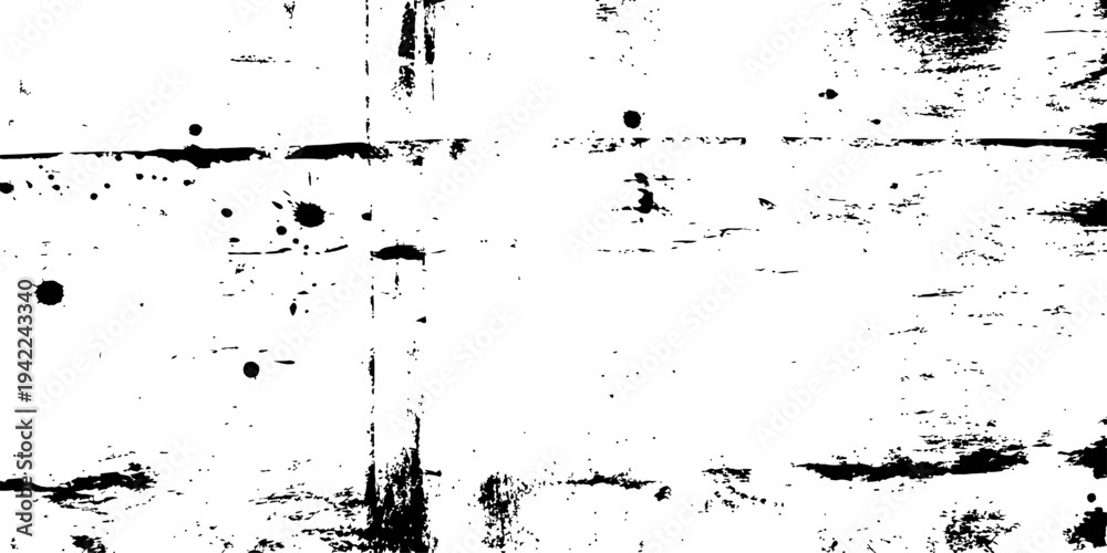 Fototapeta premium Black and white monochrome grunge distressed vector texture overlay Abstract worn surface background with scratches and paint ink splatters