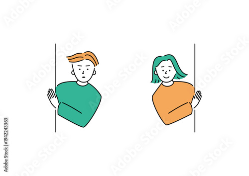 陰からこっそり見守る大人たちのシンプルなイラスト（オレンジ・グリーン）