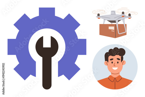 Engineering services, technology development, quadcopter logistics, parcel delivery, innovation, industry support. Gear and wrench, Quadcopter with box portrait of smiling person. Engineering