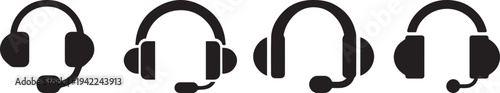 Minimal black customer support headset icons collection representing call center service, help desk communication, technical assistance and online customer care symbols used in UI and telecom design.