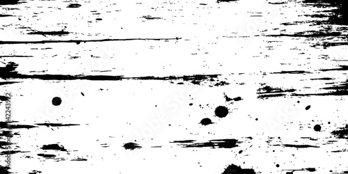 Distressed horizontal wood grain texture vector overlay black and white grunge background with ink splatters and scratches