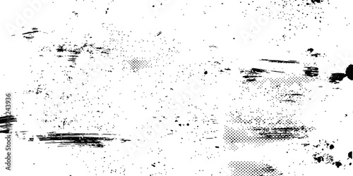 Abstract Black Grunge Texture Vector Overlay with Brush Strokes Ink Splatter and Halftone Dots Distressed Background Design Element