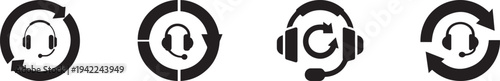 Minimal black customer support headset icons with circular arrows representing call center service, technical assistance, online help desk communication and customer service refresh or support cycle c