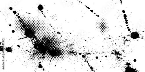 Black Grunge Ink Splatter Texture Background with Halftone Dots Abstract Overlay Vector Design Element