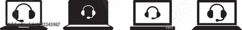 Minimal black laptop customer support icons showing headset help desk service on computer screens, representing online technical support, call center communication and remote assistance technology.
