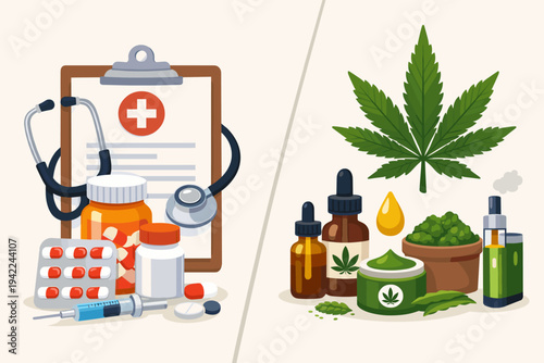 Medical Marijuana vs Traditional Medicine Concept Illustration featuring Cannabis Leaf, CBD Oil, Pills, Stethoscope, and Syringe for Healthcare, Alternative Treatment, and Pharmaceutical Care.