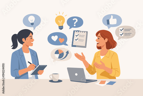 Professional women discussing business strategy and feedback with icons for ideas, data analysis, and positive reviews, representing effective communication, teamwork, and client relationships.
