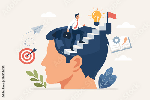 Personal development and self improvement concept with a businessman climbing stairs inside a human head towards a goal flag and lightbulb idea, representing motivation and potential growth.
