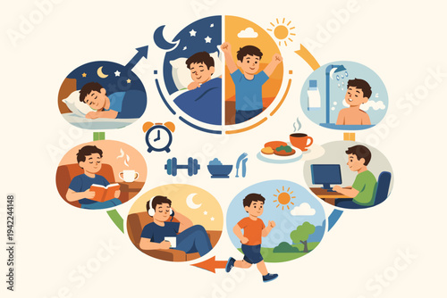 Vector infographic of a circadian rhythm and daily routine of a young man featuring activities like sleeping, waking up, showering, eating, working, exercising, and relaxing in a flat style.