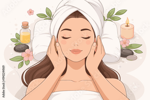 Vector illustration of a beautiful woman receiving a relaxing facial massage at a luxury spa. Features a woman with a towel head wrap, closed eyes, essential oil, candle, hot stones, and flowers.