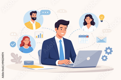 Businessman working on laptop managing remote team communications with digital icons for calendar, email, and data charts. Flat vector illustration for project management, leadership, and success.