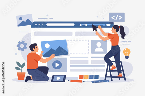 Flat vector illustration of a man and woman collaborating on a website interface design. Creative team building a web page with images, video, and code elements for UI and UX development.