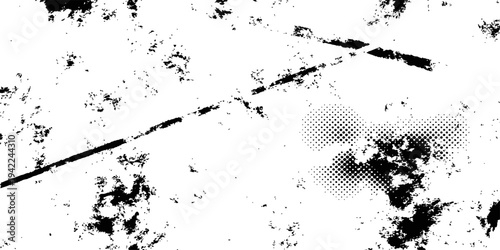 Black and White Vector Grunge Overlay Texture with Halftone Dots Scratches and Distressed Dust Background