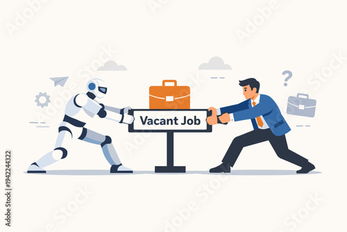 Robot and Businessman Competing in a Tug of War for a Vacant Job Position, Flat Vector Illustration Representing the Conflict Between Artificial Intelligence and Human Labor in the Future Market.